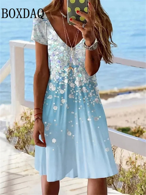 Short Sleeve Women's Casual Loose V-Neck Summer Dress Plus Size Fashion Print Party Dress